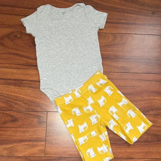 Carter’s Grey and Yellow Onesie Bodysuit and Cat Leggings Outfit Set